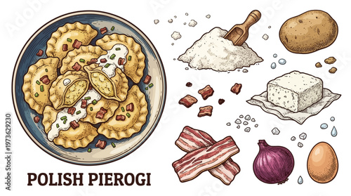 Hand-drawn vector illustration of Polish pierogi with ingredients like potato, bacon, flour, and cheese in vintage engraved style on black background.