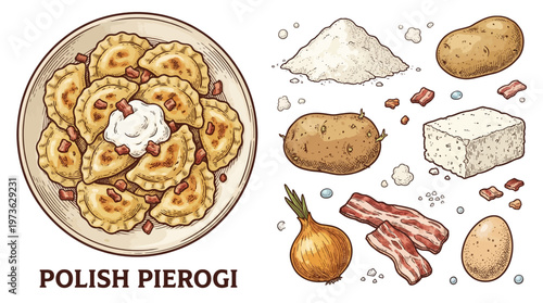 Polish Pierogi Hand Drawn Vector Illustration Set with Ingredients Including Potatoes, Onion, Bacon, Flour, Cottage Cheese, and Egg. Traditional European Cuisine Dumplings on a Plate.