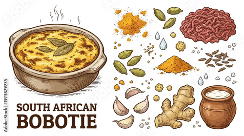 South African Bobotie Traditional Meat Casserole and Ingredients Vector Illustration Set