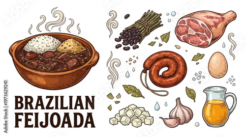 Traditional Brazilian Feijoada Dish and Ingredients Hand Drawn Vector Illustration Set with Black Beans Sausage and Rice