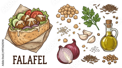 Falafel Pita Sandwich with Fresh Ingredients Hand Drawn Vector Illustration Set on Black Background