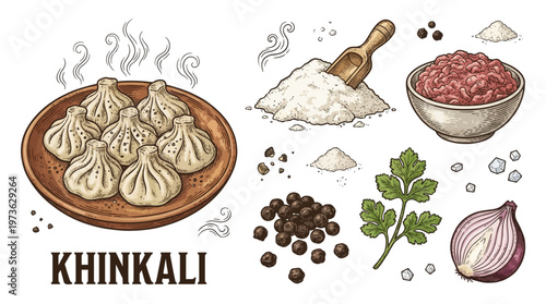 Traditional Georgian Khinkali Dumplings with Ingredients Vector Illustration. Hand-drawn vintage style set with minced meat, flour, herbs and spices for food menu design.