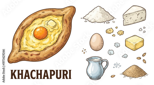 Adjaruli Khachapuri traditional Georgian cheese bread with egg and ingredients hand drawn vector illustration set