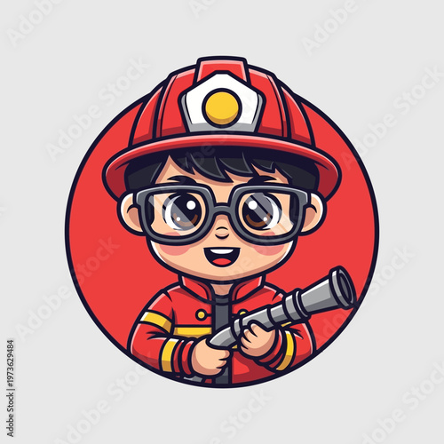 Cute Cartoon Firefighter Boy with Glasses and Fire Hose.