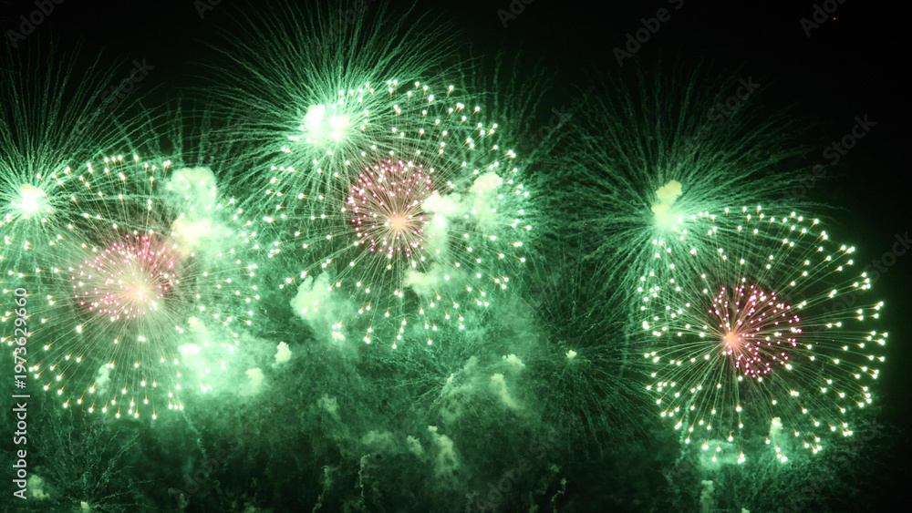 Fototapeta premium Amazing real beautiful colorful fireworks background on celebration night event for happy new year party, independence day, festivals, Abstract Multi color golden firework in the night sky