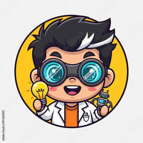 Cute Cartoon Scientist Boy with Goggles Holding Light Bulb and Robot.