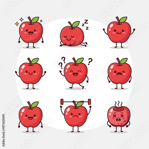 Cute Red Apple Cartoon Characters Expressing Various Emotions and Activities.