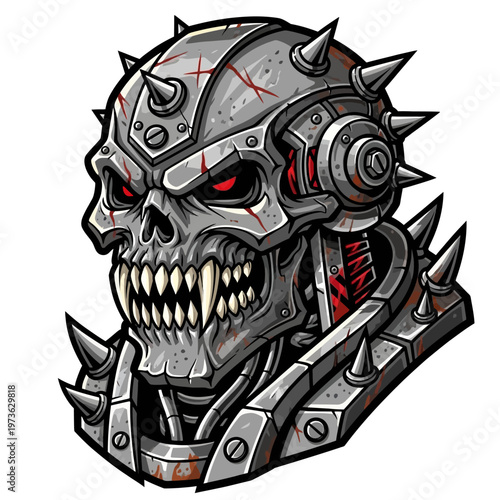 Intimidating cybernetic skull with sharp teeth and spiked armor.