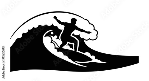Dynamic Silhouette of a Surfer Riding a Powerful Ocean Wave.