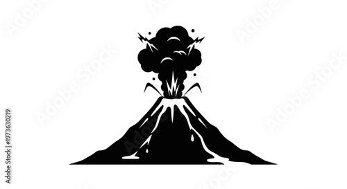 Erupting Volcano Mountain Silhouette Icon.