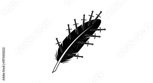 Feather pierced by multiple swords symbolizing conflict and vulnerability.
