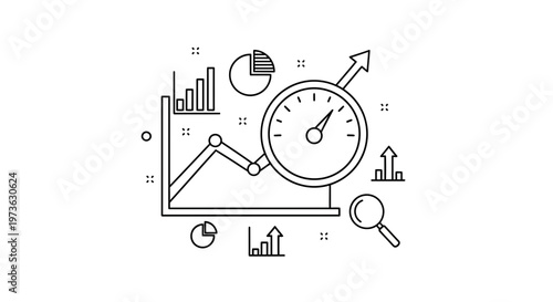 Business Growth Chart with Speedometer, Magnifying Glass, and Analytics Icons