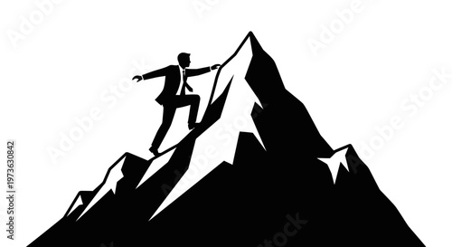 Man climbing mountain peak triumphantly alone.