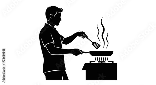 Man cooking on a stove with a frying pan and spatula.