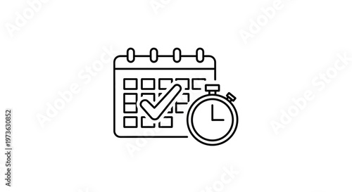 Calendar with Check Mark and Stopwatch Icon: Deadline, Time Management, Planning, Schedule