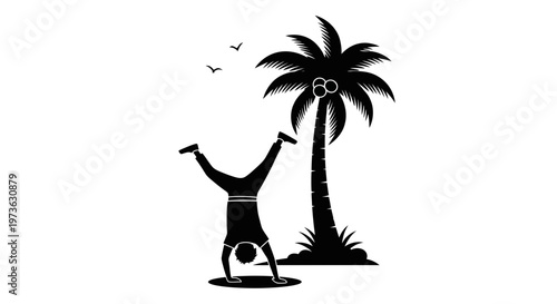Man doing handstand on palm beach.