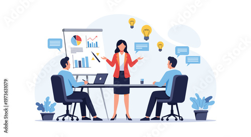 Professional woman leading a business meeting and presenting data charts to her colleagues in a bright office space.