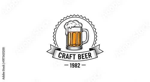 Vintage craft beer label illustration featuring a foaming glass mug with the text craft beer and year nineteen eighty two.