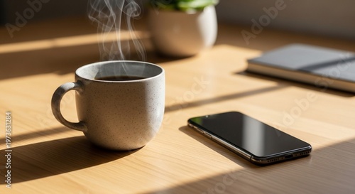 Steaming Coffee Mug, Smartphone, and Potted Plant on Wooden Table in Sunlight