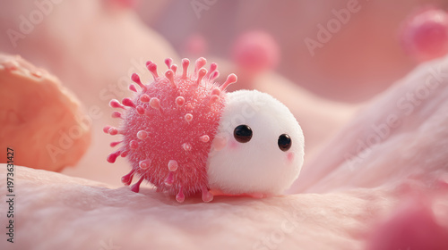 A 3D model of white blood cell capturing virus in the human body, a mechanism of the human immune system.