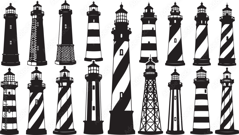 Fototapeta premium Collection of various lighthouse silhouettes in black and white