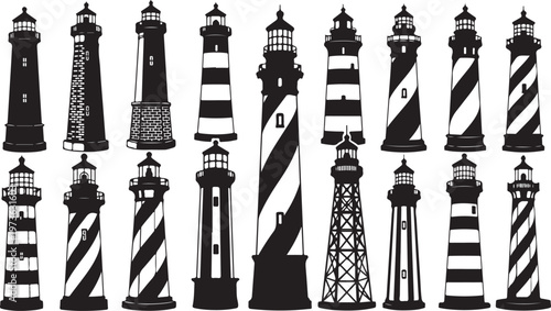 Collection of various lighthouse silhouettes in black and white