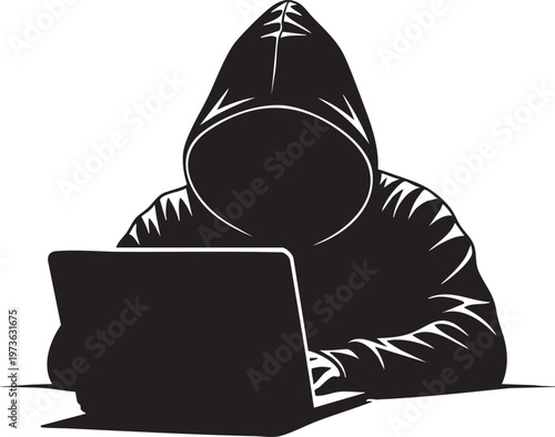 Hacker, cybercrime, computer security, hooded figure, vector illustration, black and white