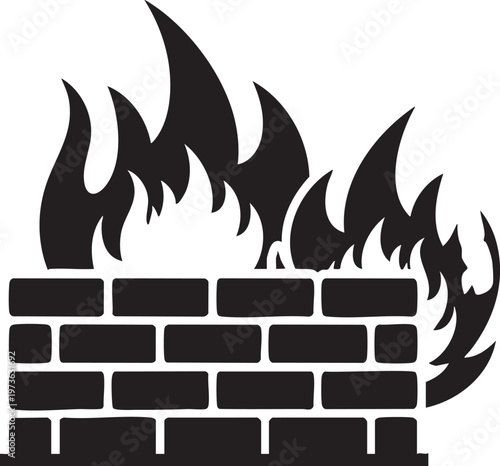 Fire, flames, burning brick wall, black silhouette, vector icon