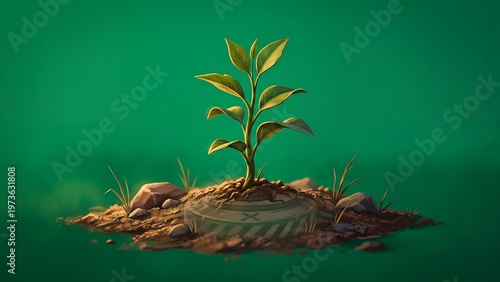 Small green plant growing out of a metallic landmine in the soil