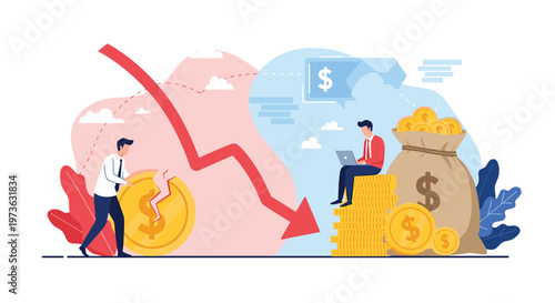 Business crisis and success comparison showing a man with a broken coin against a falling arrow and another man with wealth.