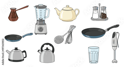 Modern kitchen appliance and utensil collection including a blender, kettles, pans, teapots, hand blender, and salt and pepper shakers.