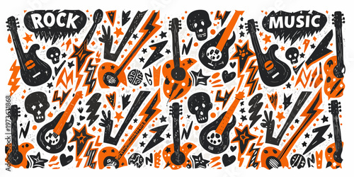 A vibrant doodle of rock and music themed elements and symbols