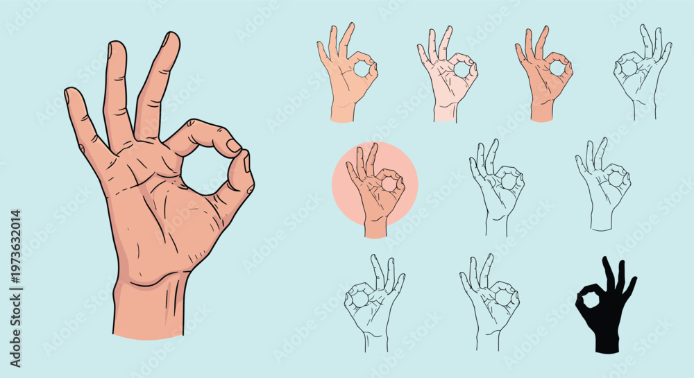 Fototapeta premium Various styles of the okay hand gesture presented in different skin tones, line art, silhouettes, and highlighted circular icons.