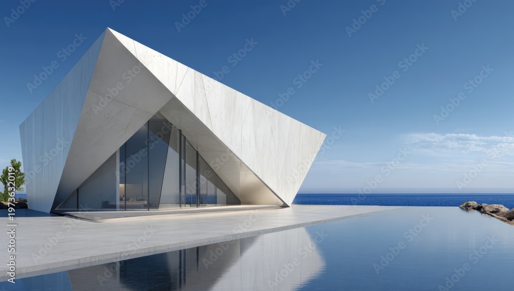 Fototapeta premium Modern Architectural Masterpiece Overlooking Serene Ocean Horizon.