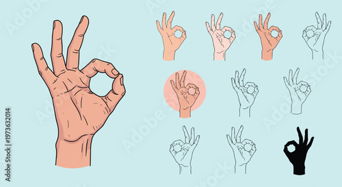 Various styles of the okay hand gesture presented in different skin tones, line art, silhouettes, and highlighted circular icons.