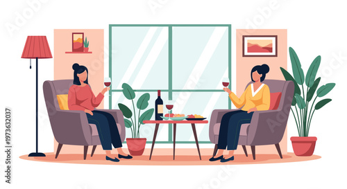 Two female friends relaxing in comfortable armchairs while drinking red wine and talking in a cozy living room setting.