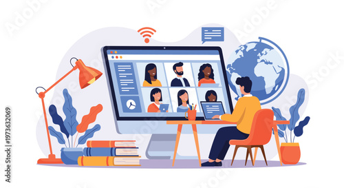 Remote work concept showing a man at his desk participating in a global video conference with colleagues on a screen.
