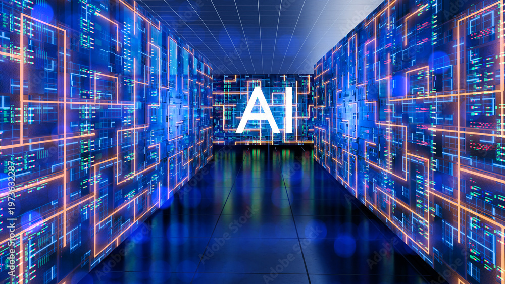 Fototapeta premium Artificial intelligence technology, data processing. Digital system visualizes AI algorithms and neural networks, managing big data and computing operations.