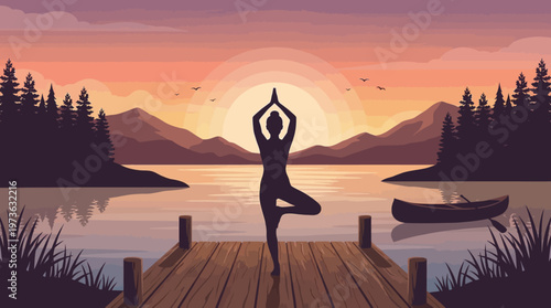 Peaceful Yoga Tree Pose Silhouette on Dock at Sunset Lake Landscape Illustration