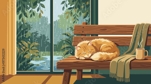 Peaceful Orange Cat Sleeps Soundly on Bench Indoor Rainy Day Scene Cozy Vibe