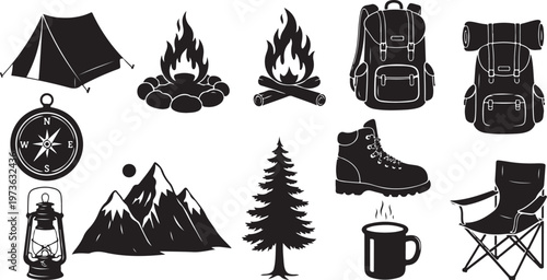 Camping icons and travel equipment for adventure seekers outdoors