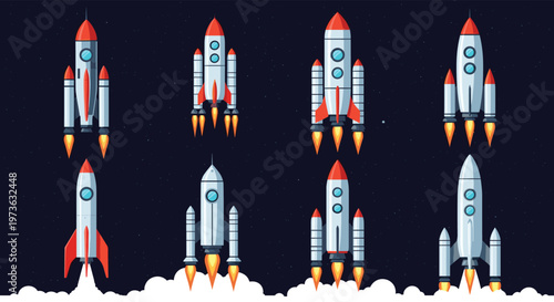 Collection of eight different rocket ships in various stages of launch into space with smoke and fire from engines.