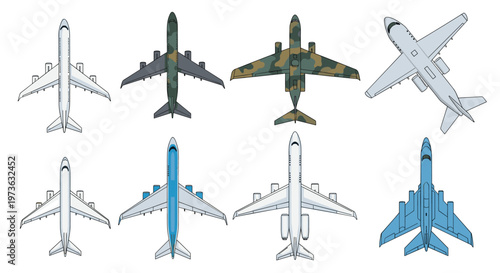 Set of different airplanes viewed from the top including commercial jets, military aircraft with camouflage, and small private planes.