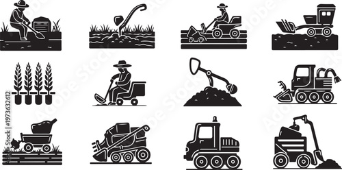 Agricultural icons and farming equipment illustrations set in black