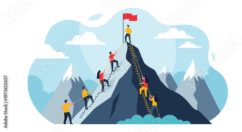 Team of people working together to climb a steep mountain peak and plant a red flag at the summit as a symbol of achievement.