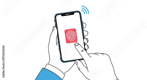 Person uses biometric identification on mobile phone to unlock secure data or authorize financial transaction with fingerprint scan technology.