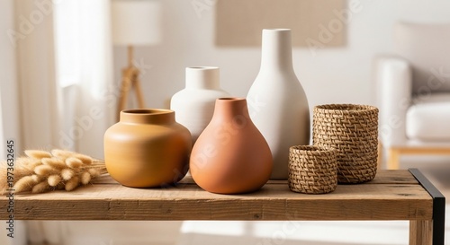 Still Life of Vases and Baskets on Wooden Table with Natural Light and Neutral Tones