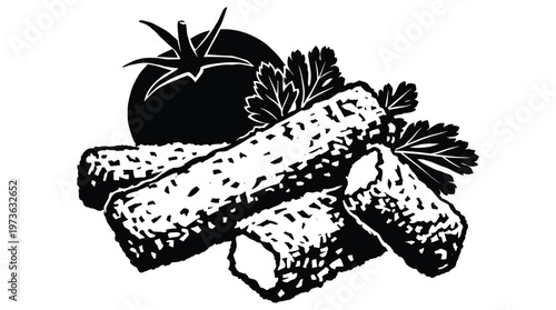 Breaded food sticks with tomato and parsley silhouette.