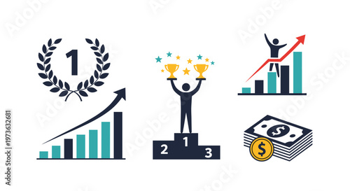 Collection of success and achievement icons featuring first place laurel wreath, golden trophy, financial growth chart, and stacks of money.