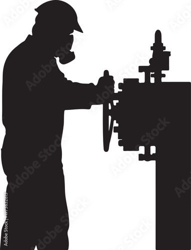 Silhouette of industrial worker in gas mask and hard hat operating valve